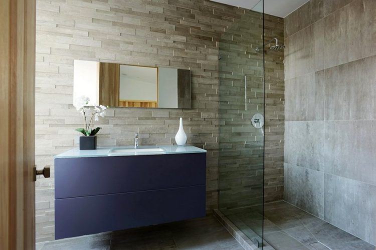 luxurious guest bathroom with glass counter and glass shower