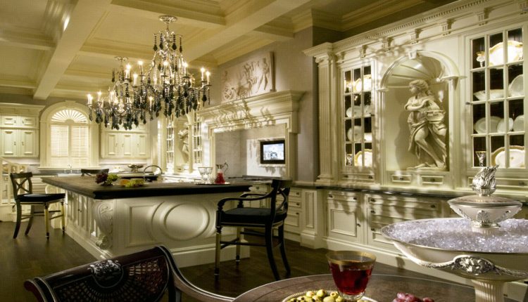 Luxury kitchen island with brushed nickel chandeliers