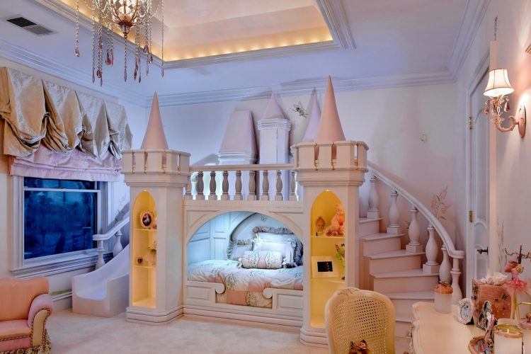 princess themed bedroom with castle bed