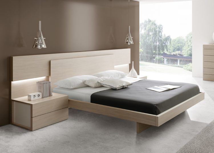 modern bed with wooden headboard