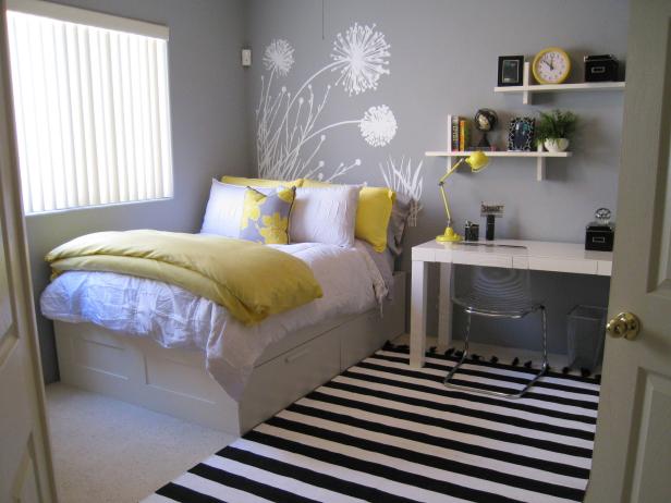 gray and yellow teen bedroom