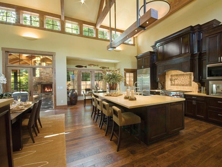 large kitchen with high ceilings 