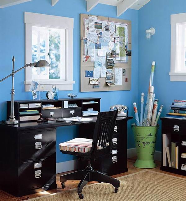 small home office with blue paint