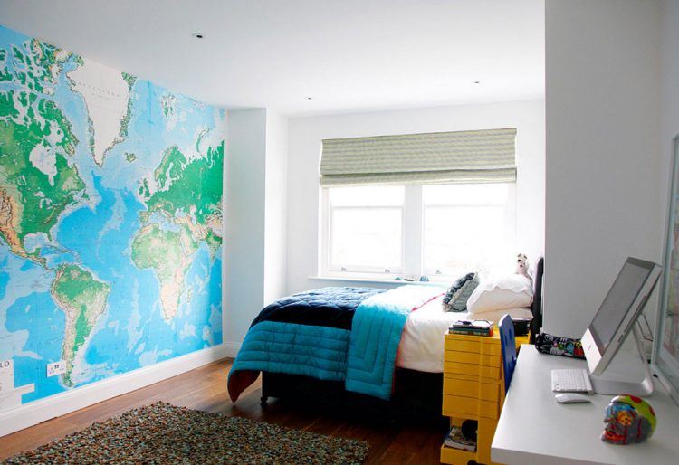 teen room with large map of the world on the wall