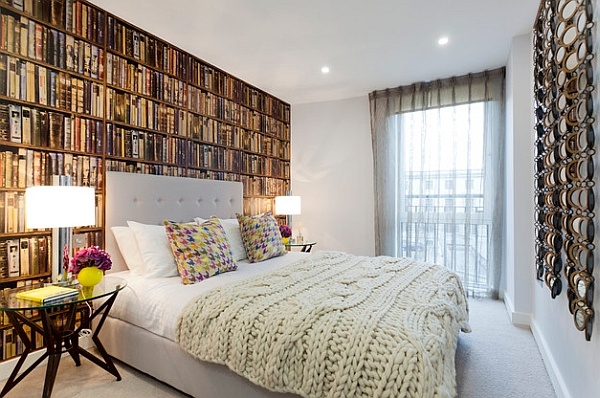 bedroom with library book shelf wall paper