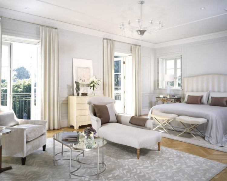 white bedroom with panel crown molding