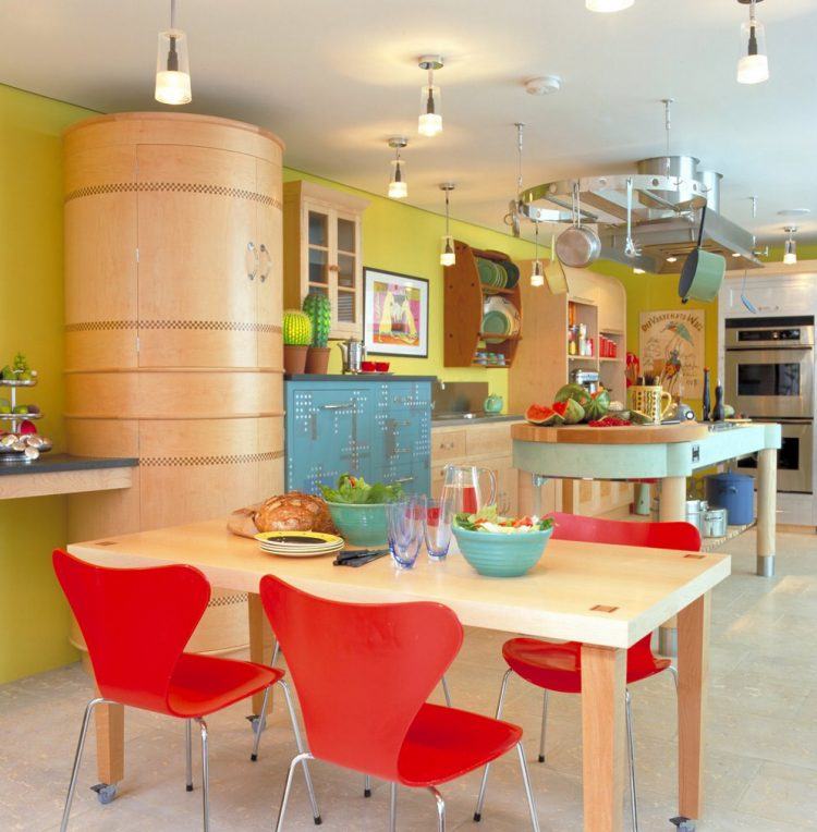 modern kitchen with red chairs