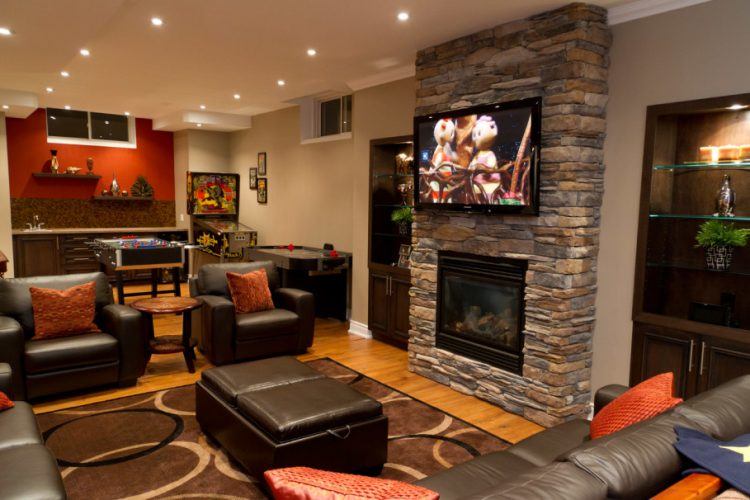 modern basement living room with fireplace