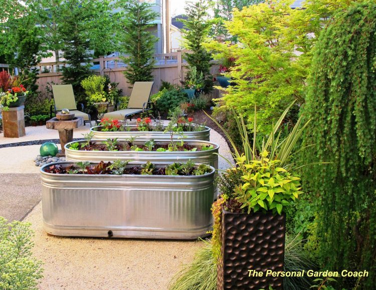 creative flower bed made in metal tubs