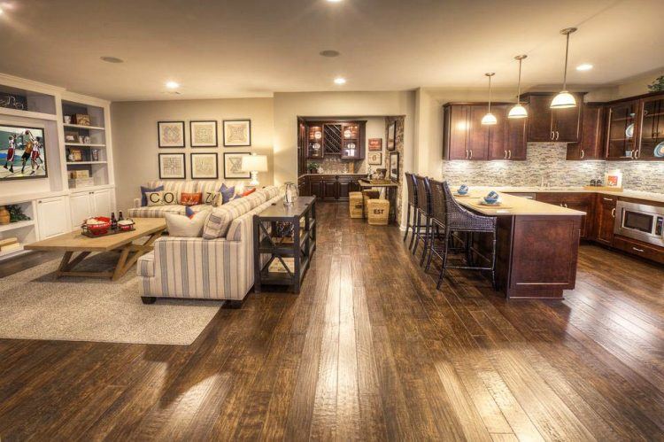 basement living room and kitchen combo