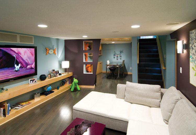 basement living room with wood flooring