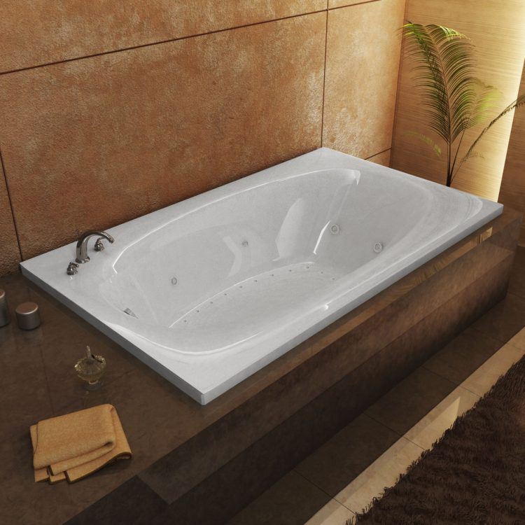 drop in bath tub with wooden surrounding