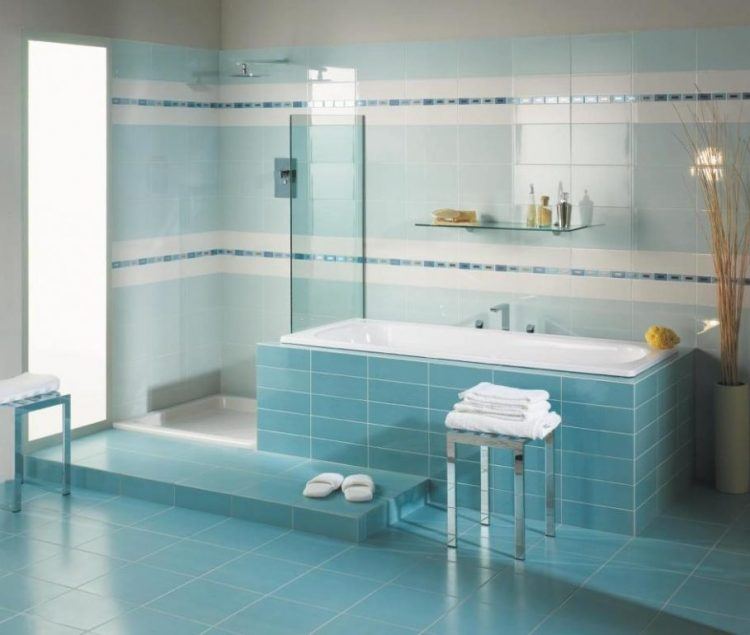 blue bathroom with floating shelf