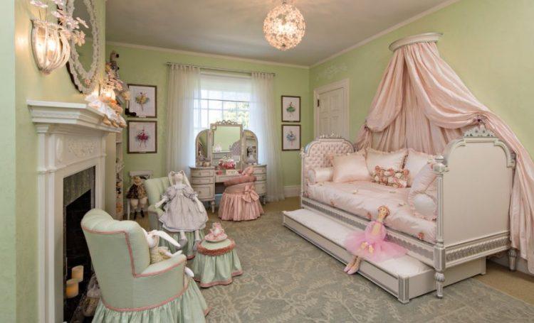 little girl's bedroom with green walls