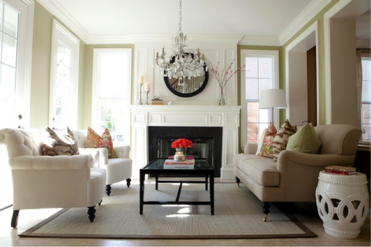 simple living room with crystal chandelier 