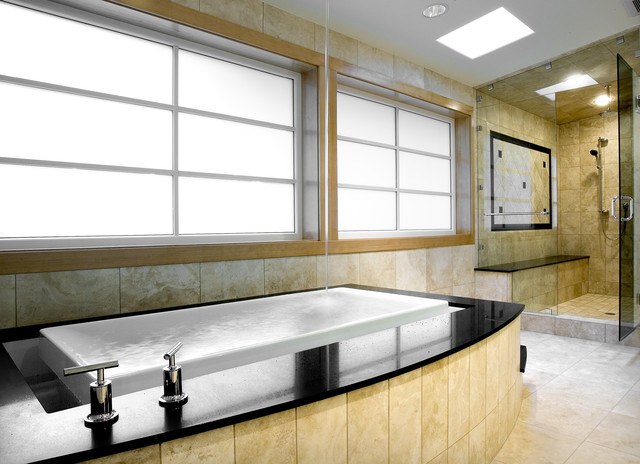 contemporary bathroom with white infinity tub