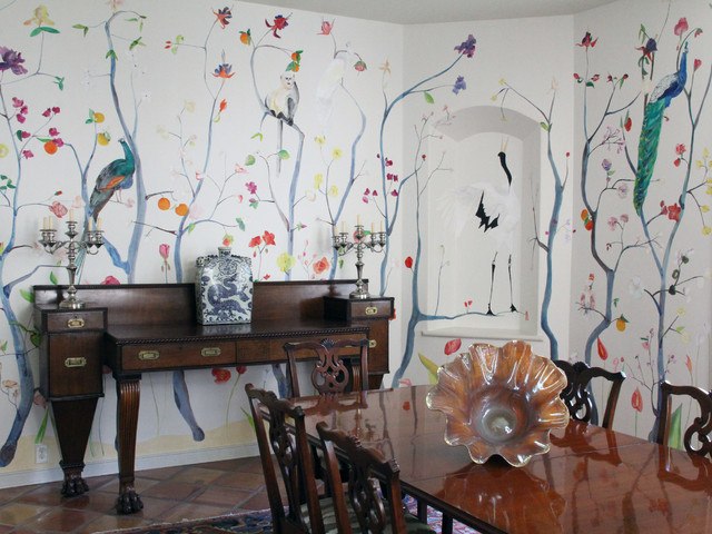 contemporary dining room with decorated wallpaper