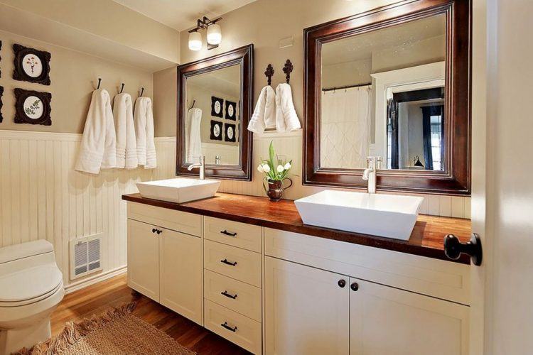 contemporary bathroom with white vessel sinks