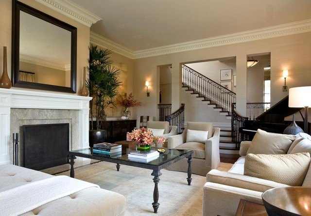 contemporary living room with crown molding