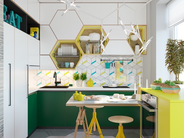 kitchen with hexagonal cabinets