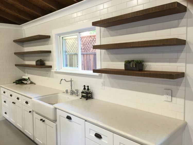 custom built brown stained shelving