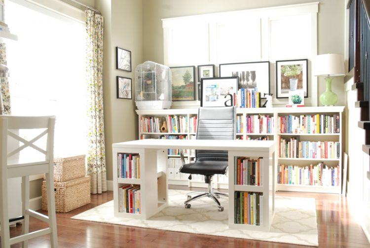 home office with desk with shelf space