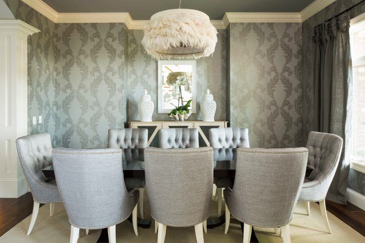 dining room with feather chandelier 