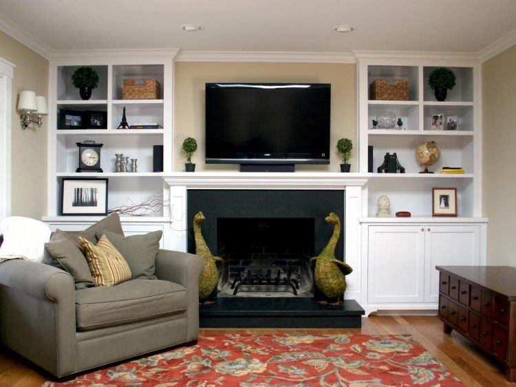 simple living room with fire place and rug