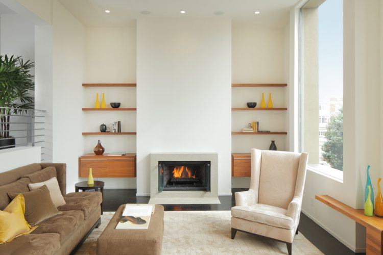 floating shelving in living room