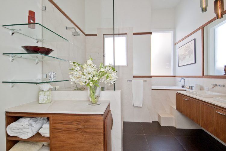 contemporary floating shelving in bathroom