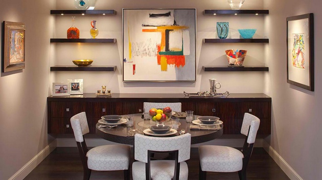 floating shelving in modern dining room