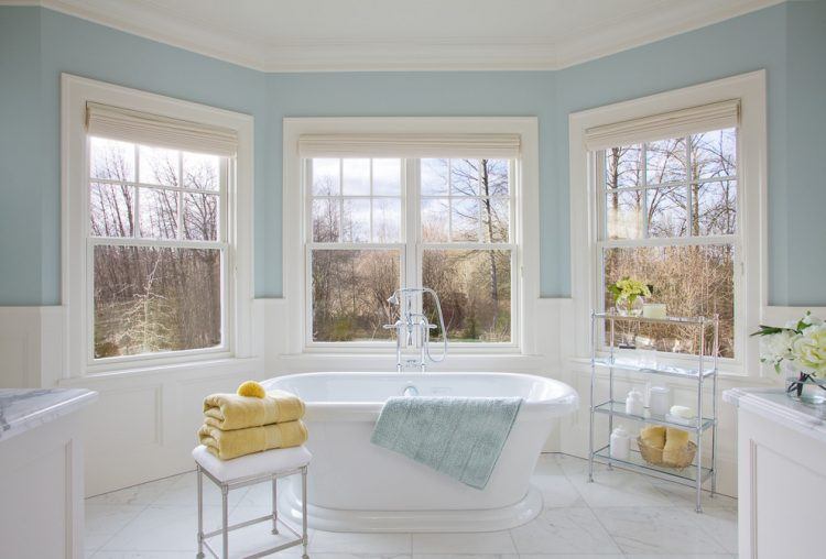 blue bathroom with freestanding tub