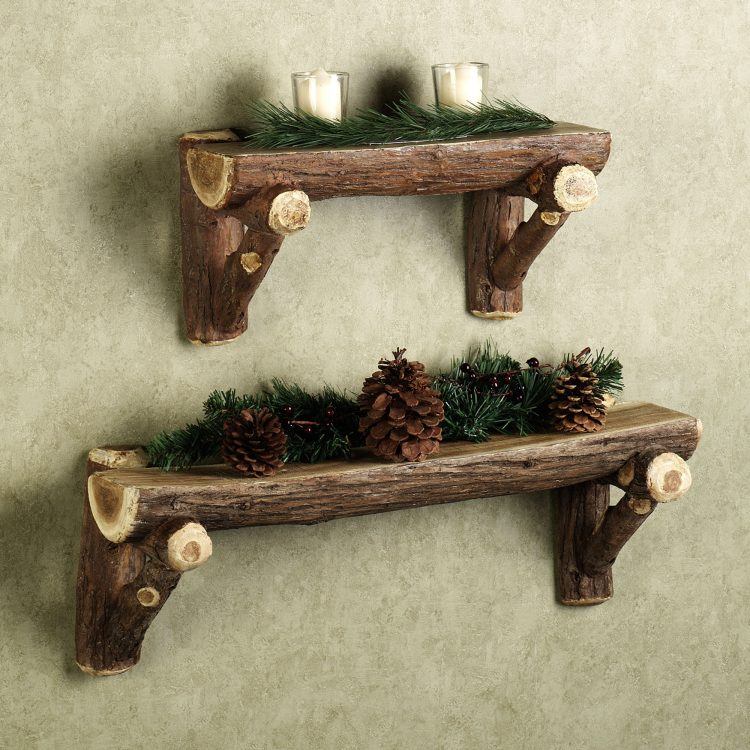 cool rustic log wall shelves