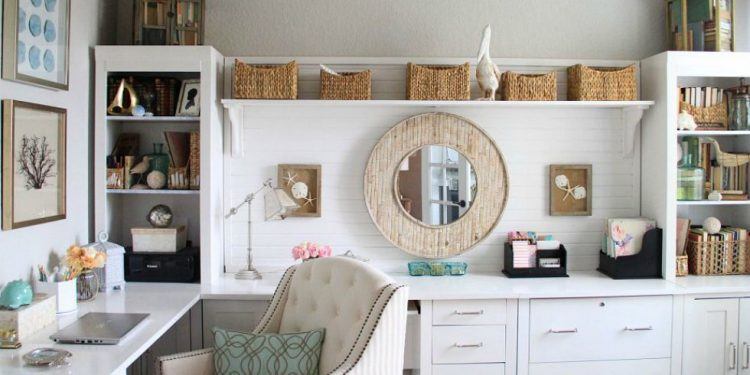 home office with round mirror 