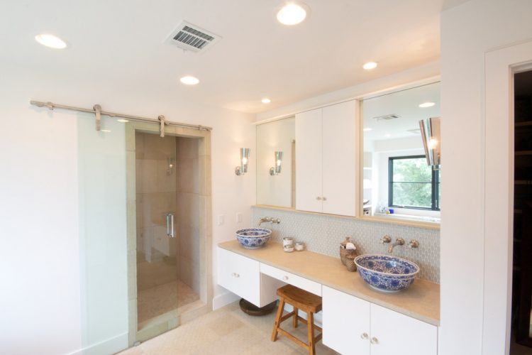 contemporary bathroom with blue and white sink