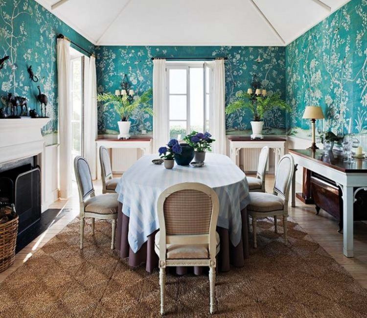 beautiful green dining room with wallpaper