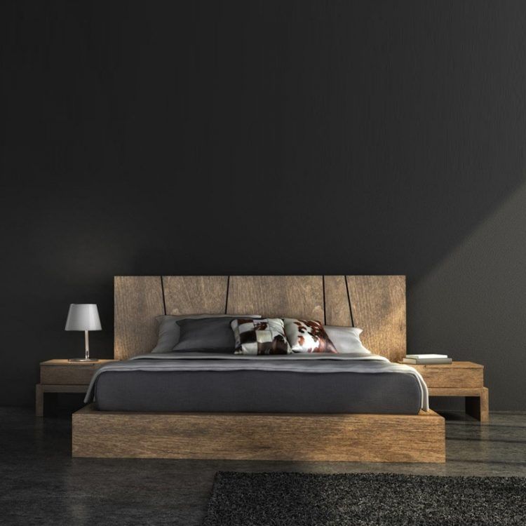 wooden bed with attached end tables