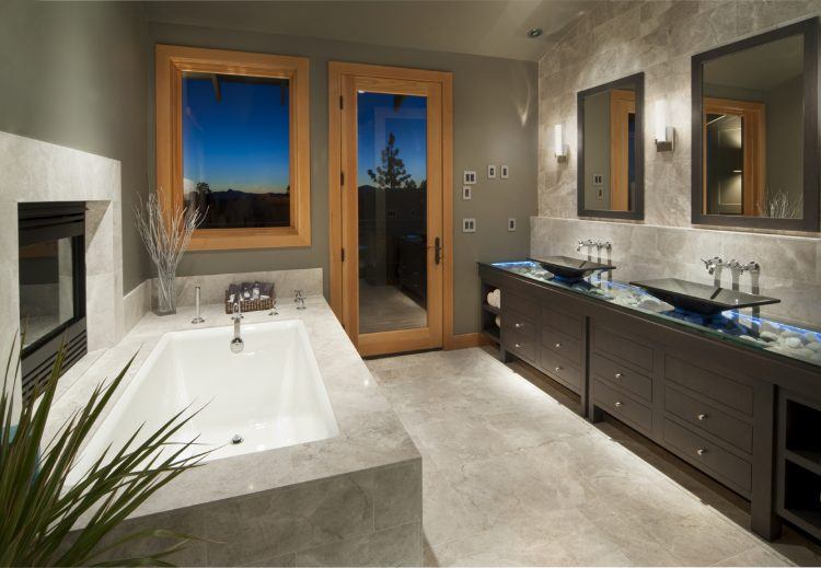 large modern bathroom with amazing glass counter