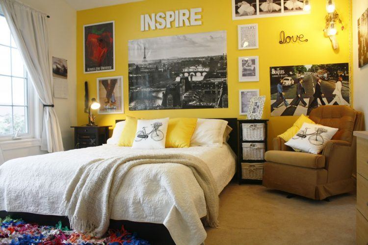 teenage girl bedroom with yellow wall