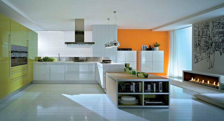 kitchen with orange and green walls