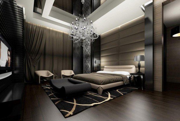 sleek black luxury bedroom with chandelier 