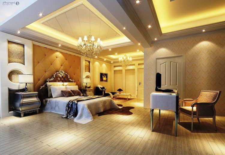 luxurious master bedroom with crystal chandelier 