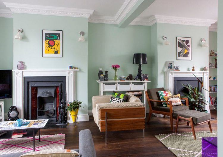 mid century living room with green walls