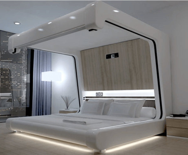 modern canopy bed with light undernearth