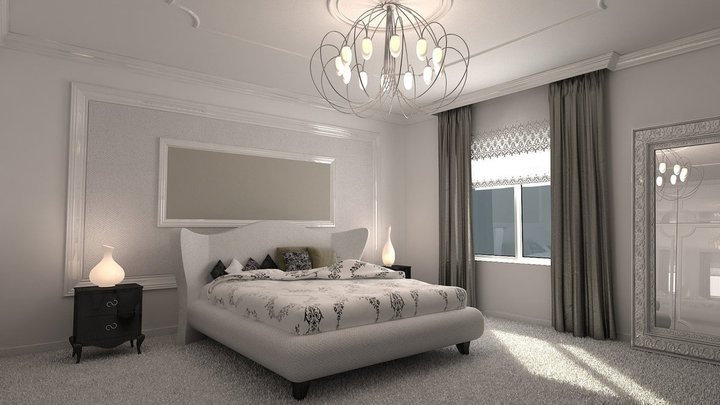 white bedroom with crown molding and chandelier 