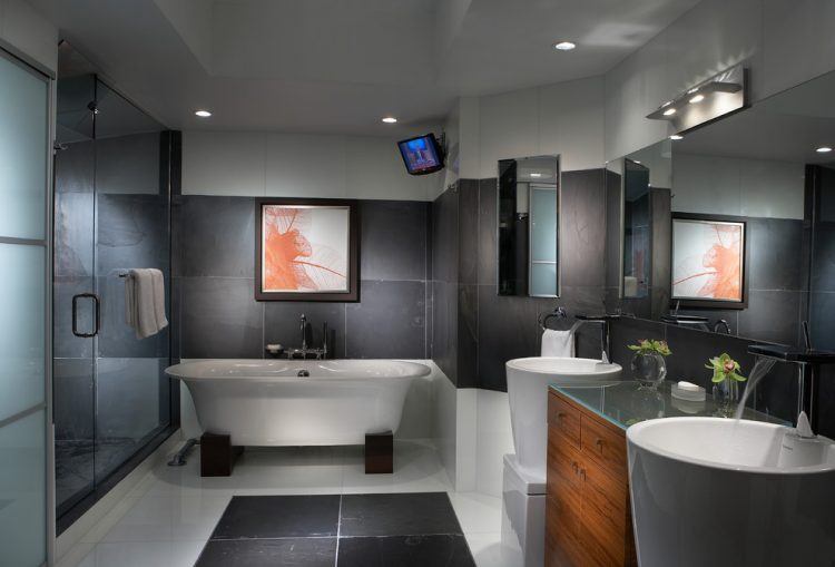 beautiful modern bathroom with freestanding tub