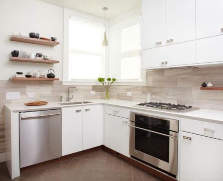 modern kitchen with floating shelving