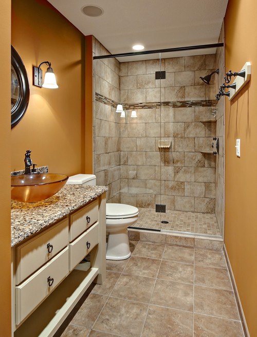 traditional bathroom with light orange walls