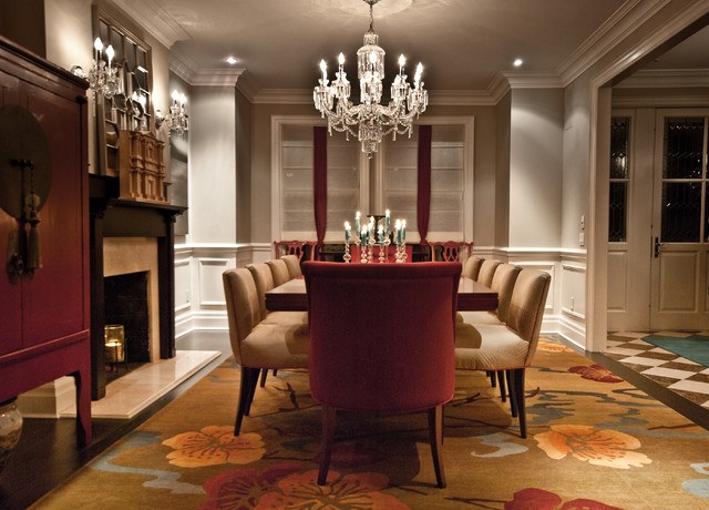 beautiful traditional dining room with red chair