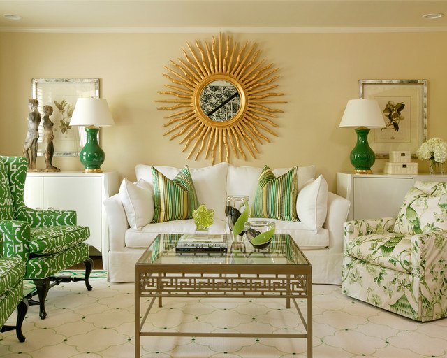 traditional living space with green and gold accents 